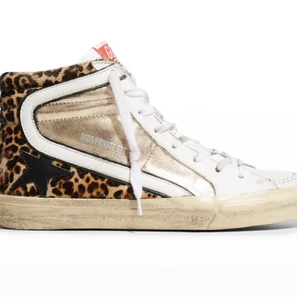 Golden Goose Leopard Print High-Top Sneakers - Gold and White